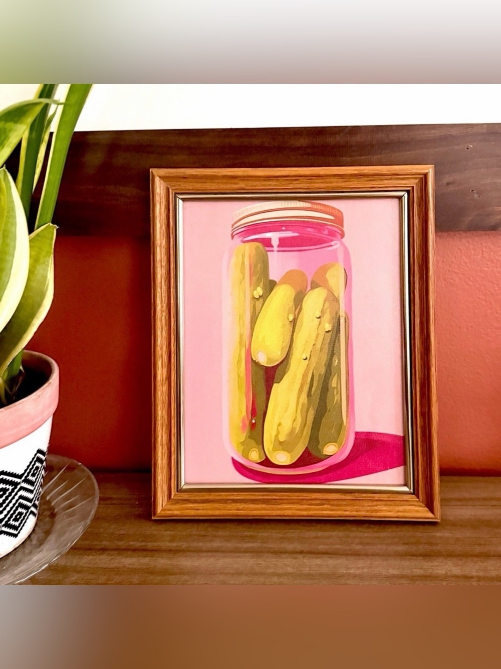 Pickle Jar Whimsical Pink Canvas Art Print Wood Gold Vintage Framed Wall Art